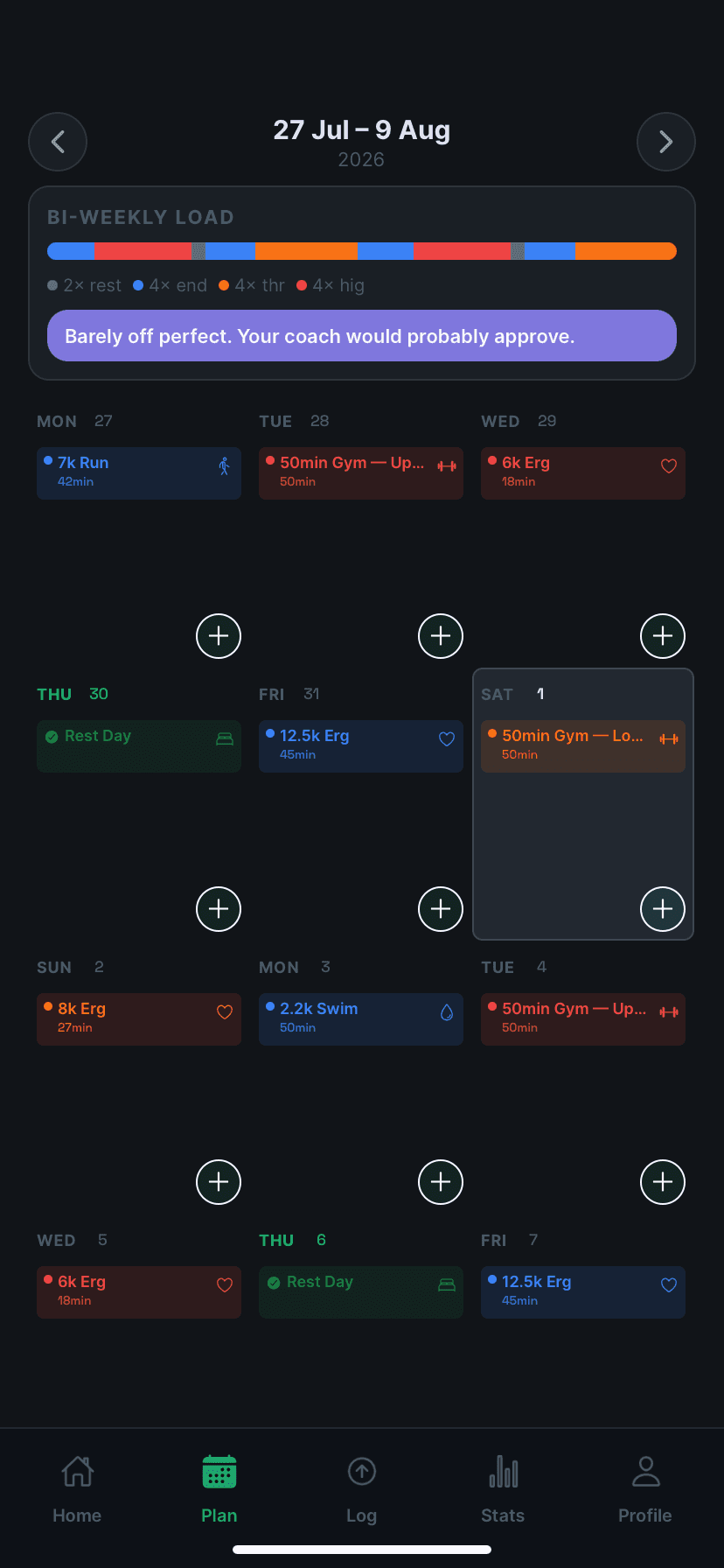 The RowMate plan screen, showing a fortnight of sessions and the training-load bar