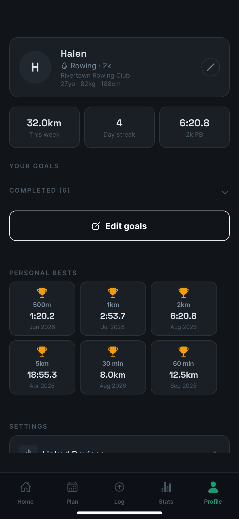 The RowMate profile screen, showing completed goals and a grid of personal bests